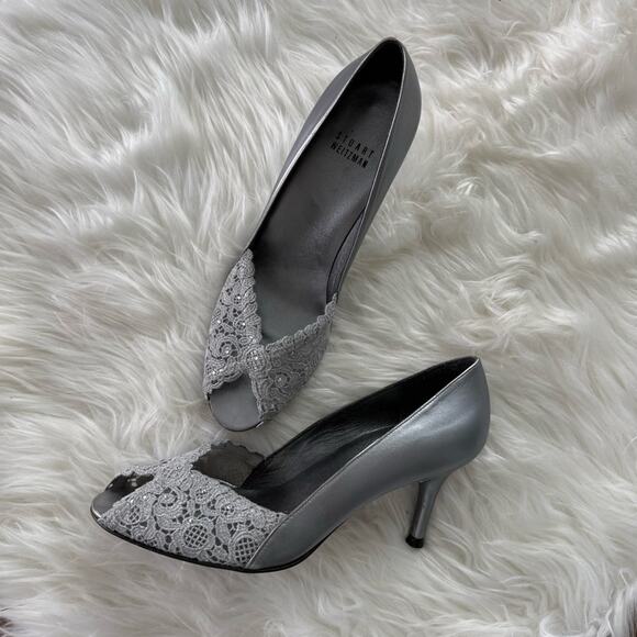 Stuart Weitzman | Women’s Silver Chantelle Chantilly Lace Leather Peep Toe Heels - Picture 2 of 14